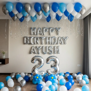 custom name & age balloon decor blue & silver edition