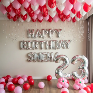 custom name & age balloon decor pink & white, red edition